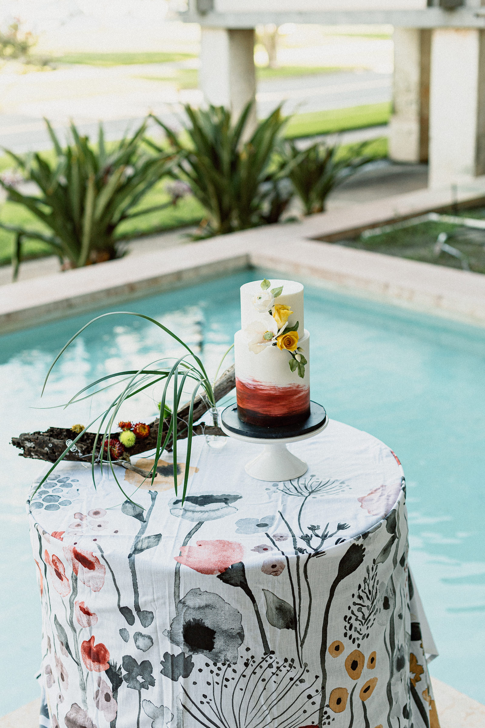 Unique Wedding Cake by Tampa Bay Cake Company | Black and White Wedding with Maroon Burgundy and Gold | Modern Wedding Cake Table with Floral Pattern Linen and Ikebana Asymmetrical Floral Arrangement by Tampa Wedding Florist Brides n Blooms | Watercolor Fondant Wedding Cake with Sugar Flower Roses