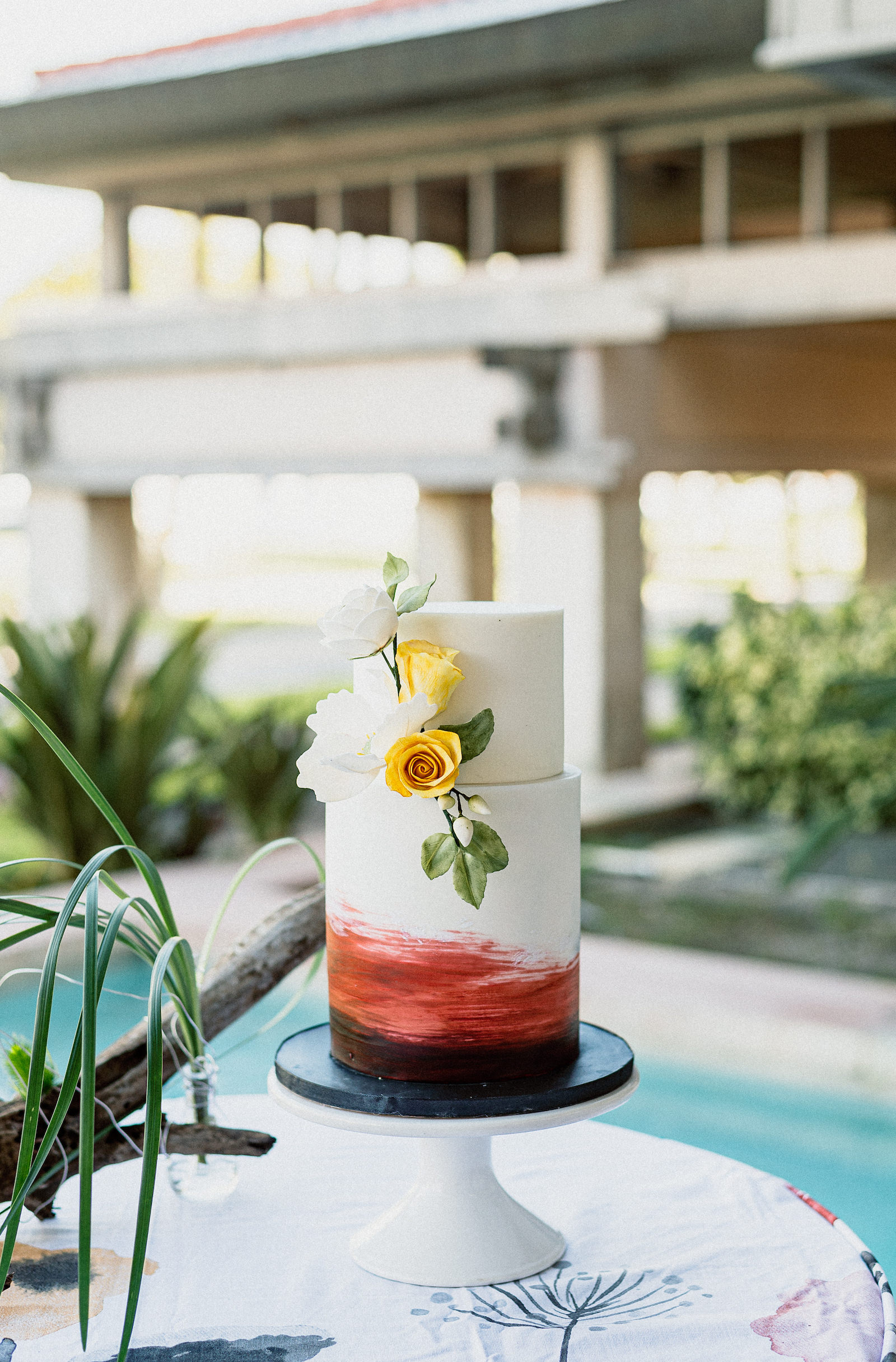 Unique Wedding Cake by Tampa Bay Cake Company | Black and White Wedding with Maroon Burgundy and Gold | Watercolor Fondant Wedding Cake with Sugar Flower Roses at St. Pete Wedding Venue The Poynter Institute