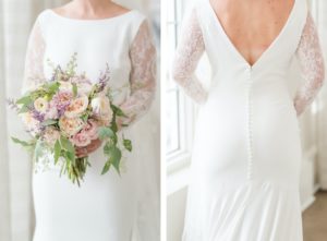 High Scoop Neckline Wedding Dress with Romantic Lace Long Sleeves, Low V Open Back with Buttons Holding Pastel Color Bridal Bouquet with Peach, Pink and Ivory Roses, Greenery, and Lilac Florals | Tampa Bay Wedding Dress Shop Truly Forever Bridal