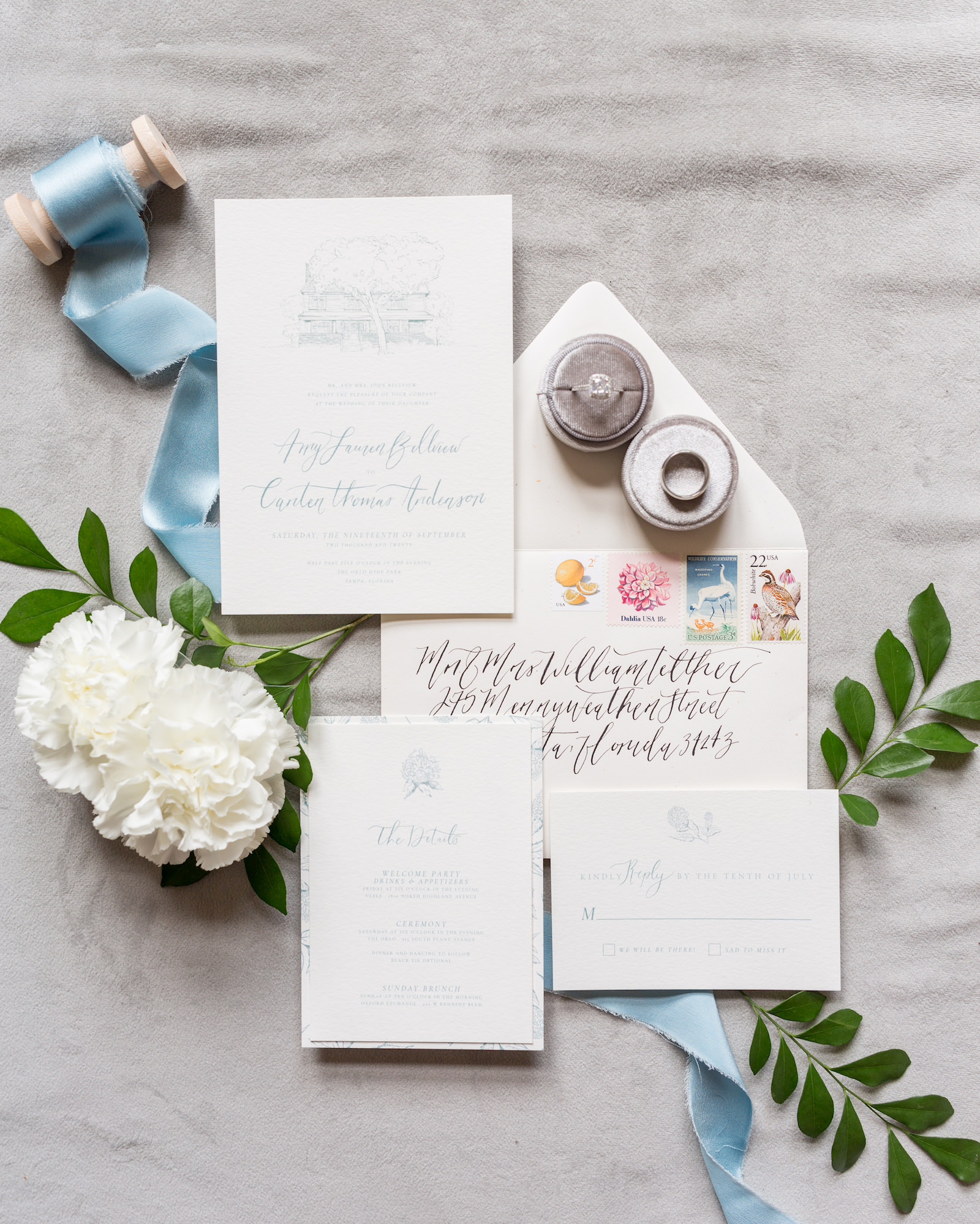 Classic and timeless white and dusty blue font