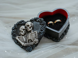 Halloween Themed Wedding, Gothic Black Skeleton Heart Shaped Wedding Ring Box