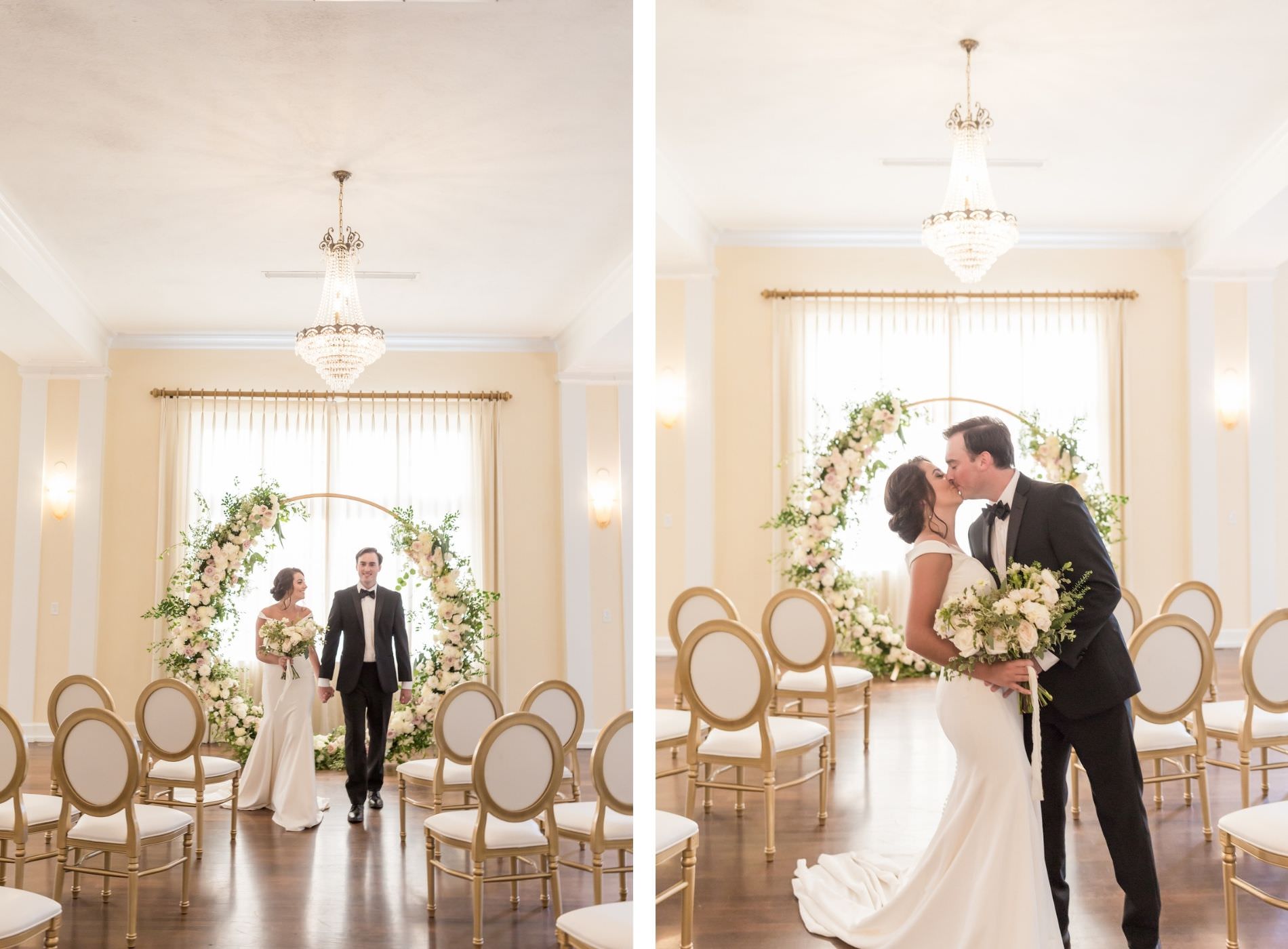 Classic and timeless bride and groom holding hands and kissing in front of lush white, blush pink roses floral arrangement on circular arch, eucalyptus and greenery | Tampa Bay wedding planner and designer Elegant Affairs by Design | Kate Ryan Event Rentals | Adore Bridal Hair and Makeup