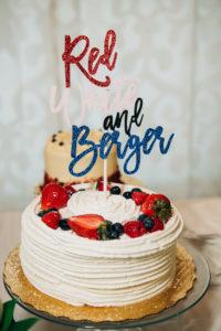 Red White and Blue COVID Backyard Wedding with Publix Wedding Cake | Publix Chantilly Buttercream Cake with Fresh Strawberries Raspberries and Blueberries and Glitter Die Cut Cake Topper