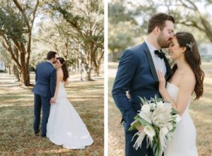Classic Bride in Open Back Strapless Fit and Flare Wedding Dress, Groom in Blue Tuxedo Holding Tropical White Orchids, King Protea, Hanging Amaranthus and Monstera Palm Leaf Floral Bouquet | Tampa Bay Wedding Florist and Designer John Campbell Weddings