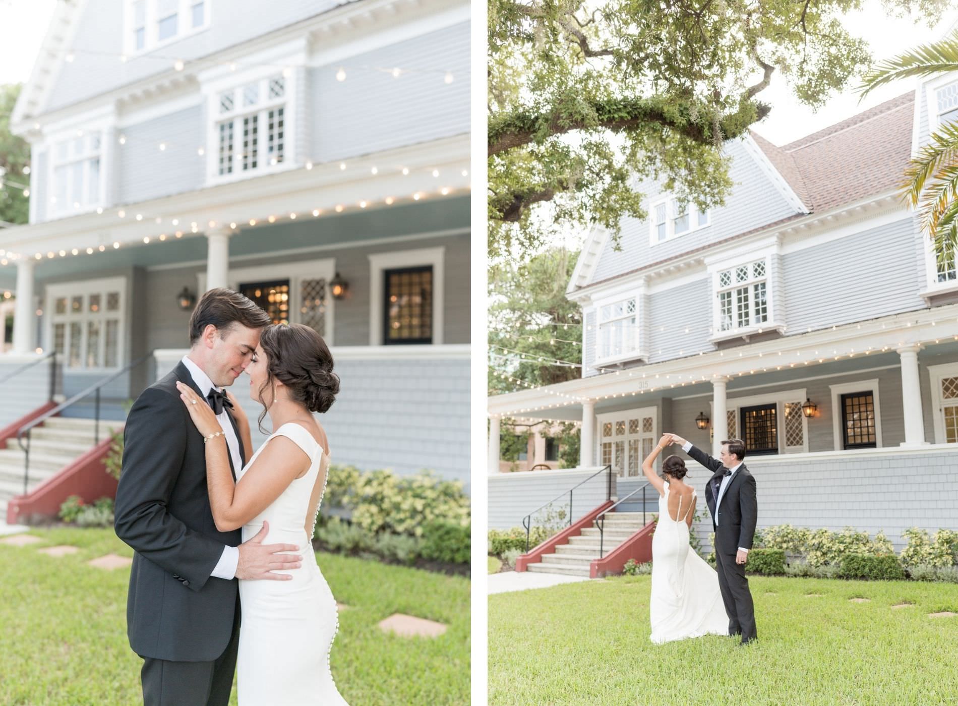 Classic and timeless bride and groom dancing on front lawn of historic Tampa wedding venue The Orlo | Tampa Bay Adore Bridal Hair and Makeup