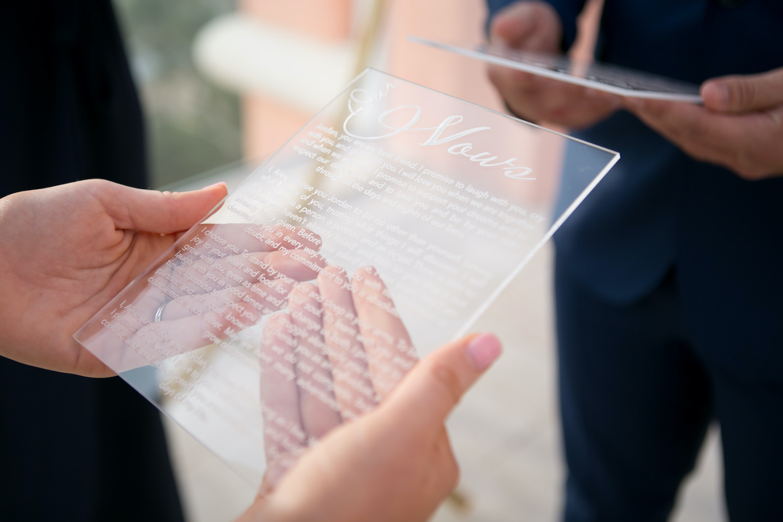 Elegant Modern Clear Acrylic Bride and Groom Vows | Tampa Bay Wedding Photographer Carrie Wildes | Wedding Planner Coastal Coordinating