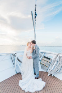 Bride and Groom Outdoor Waterfront Sunset Portrait Boat Ship Deck at Tampa Wedding Venue Yacht Starship