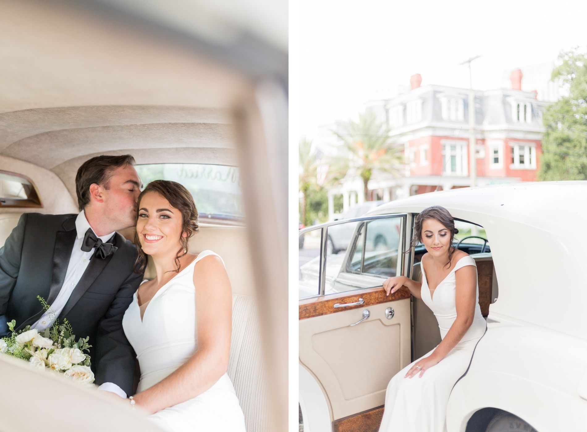 Classic and timeless bride and groom inside vintage car | Tampa Bay Adore Bridal Hair and Makeup