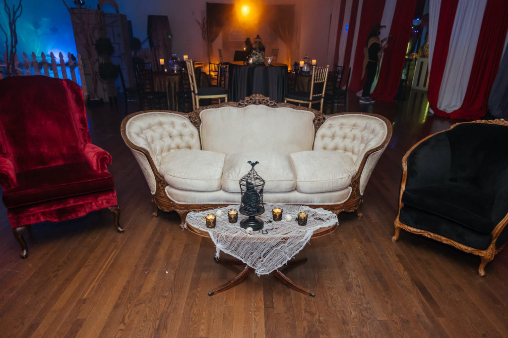 Halloween Wedding Reception Decor, White, Red Velvet and Dark Green Lounge Seating | Tampa Bay Wedding Planner UNIQUE Weddings and Events | Wedding Chair Rentals A Chair Affair