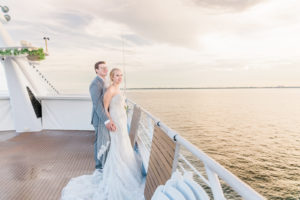 Bride and Groom Outdoor Waterfront Sunset Portrait Boat Ship Deck at Tampa Wedding Venue Yacht Starship