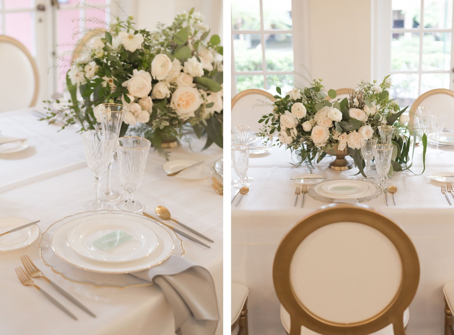 Southern Charm classic and timeless wedding reception decor, gold flatware, lush ivory roses, eucalyptus and greenery low floral centerpiece | Tampa Bay wedding planner and design Elegant Affairs by Design | Kate Ryan Event Rentals