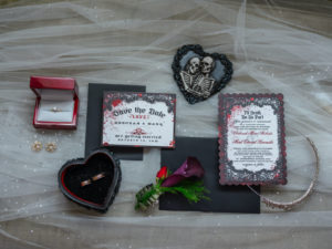 Halloween Themed Wedding, Gothic Black Wedding Invitation and Save the Date, Black Skeleton Heart Shaped Wedding Ring Box, Red Ring Box with Engagement Ring