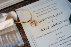 Traditional Wedding Invitation with Gold Foil, Diamond and Yellow Gold Heart Bride Necklace