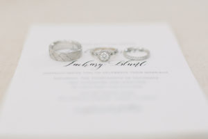 White Gold Groom Wedding Band, Round Diamond with Halo Engagement Ring and Bride Diamond Wedding Ring on Invitation