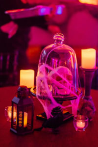 Creepy Halloween Wedding Reception Decor, Skull Head in Glass Dome Centerpiece | Tampa Bay Wedding Planner UNIQUE Weddings and Events