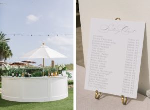 Garden-style beachside wedding reception decor, white half round wedding bar, white classic seating chart | Tampa Bay Wedding Planner Parties A'la Carte