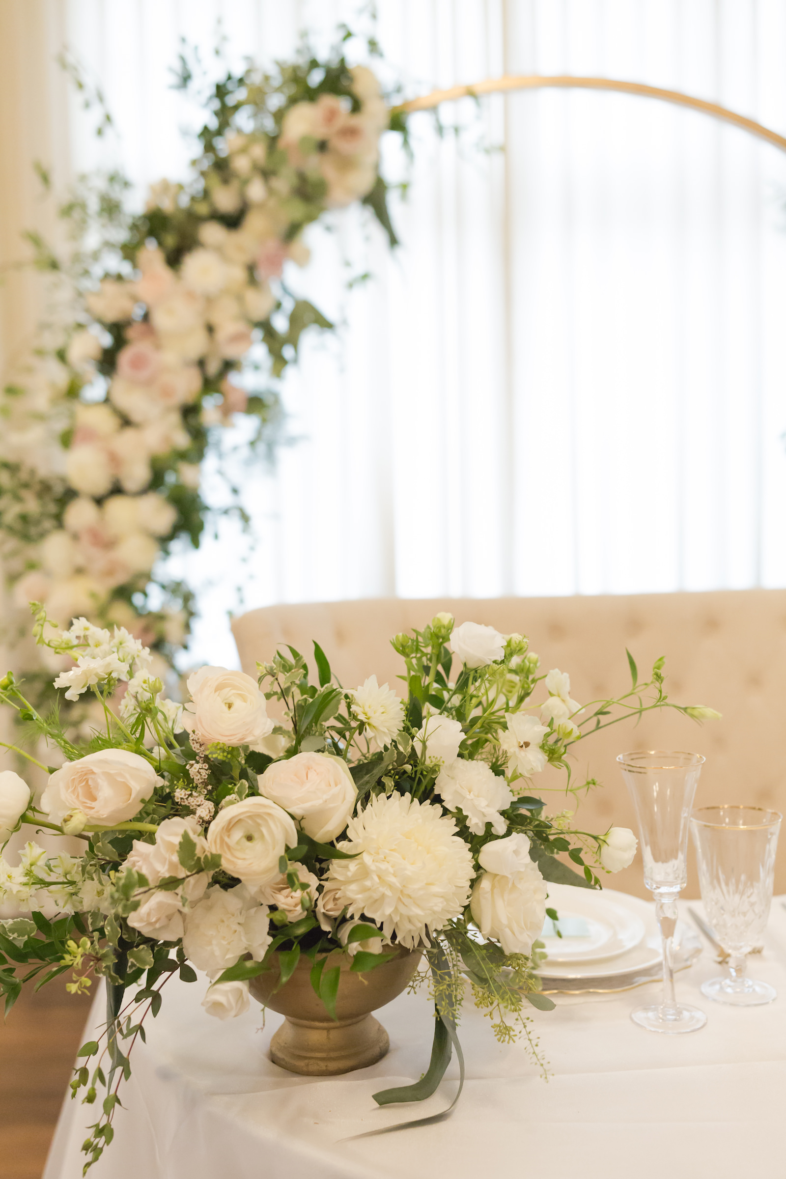 Southern Charm classic and traditional wedding reception decor, lush white and greenery floral centerpiece | Tampa Bay wedding planner Elegant Affairs by Design | Kate Ryan Event Rentals