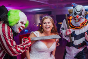 Halloween Bride with Scary Circus Clowns Trying to Chop Brides Head Off | Tampa Bay Wedding Planner UNIQUE Weddings and Events