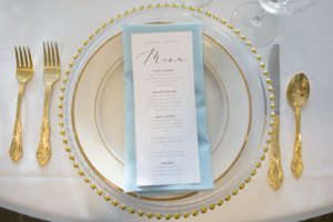 Elegant Modern Wedding Reception Decor, Gold Beaded Charger and Flatware, Dusty Blue Napkin and Custom Menu | Tampa Bay Wedding Photographer Carrie Wildes | Clearwater Beach Wedding Planner Coastal Coordinating | Wedding Rentals Outside the Box