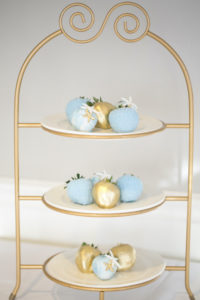 Three Tier Gold Dessert Stand with Blue and Gold Painted Chocolate Covered Strawberries | Tampa Bay Wedding Photographer Carrie Wildes | Clearwater Beach Wedding Planner Coastal Coordinating | Wedding Rentals Outside the Box | Wedding Desserts Sweetly Dipped Confections