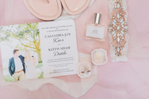 COVID Wedding Flat Lay Bridal Accessories | Blush Pink Velvet Ring Box with Ribbon Sash | Wedding Photo Invitation