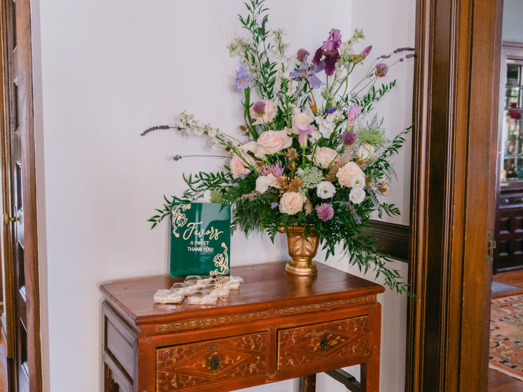 Art Nouveau Wedding Decor, Lush Whimsical Pink, Purple, White Roses and Floral Arrangement, Greenery, Feathers, Emerald Green Jewel Toned Sign | Tampa Bay Wedding Planner EventFull Weddings | Historic Wedding Venue Anderson House