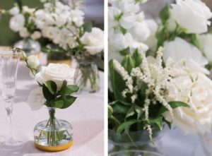 Garden-style wedding reception decor, small gold rimmed vase with white rose, white floral centerpieces | Tampa Bay Wedding Planner Parties A'la Carte