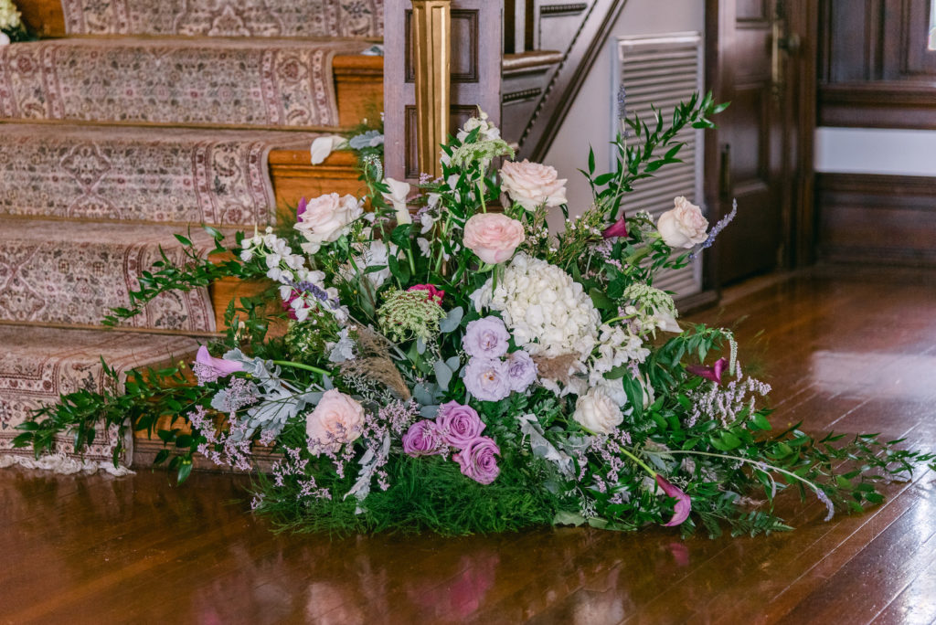 Whimsical Lush Floral Arrangement, Purple and Blush Pink Roses, White Hydrangeas, Lilac Flowers, Greenery | Tampa Bay Wedding Planner EventFull Weddings