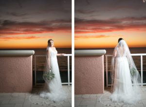 Florida Bride Sunset Photos Wearing Flowy Lace and Tulle Wedding Dress with Full Length Veil | Tampa Bay Wedding Photographer Carrie Wildes | Waterfront Wedding Venue Hyatt Regency Clearwater Beach | Wedding Florist Brides N Blooms | Wedding Dress Truly Forever Bridal