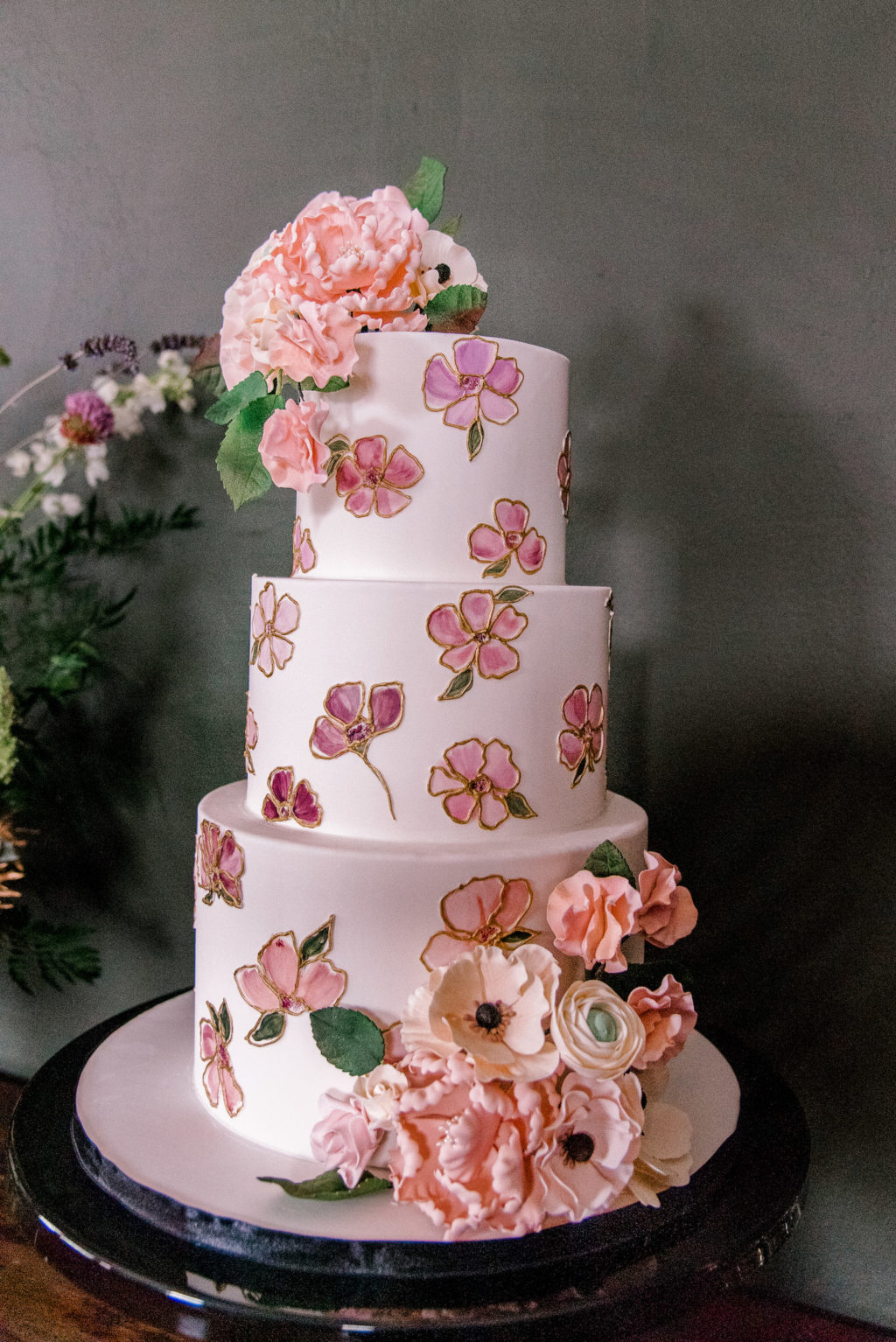 Three Tier White Wedding Cake with Painted Pink Flowers, Pink Hydrangea Cake Topper