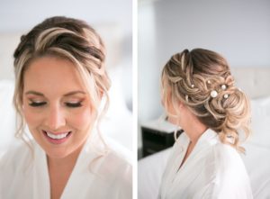 Bride with Natural Wedding Makeup, Updo with Braid and Pearls | Tampa Bay Wedding Photographer Carrie Wildes | Wedding Hair and Makeup Hyatt Regency Clearwater Beach