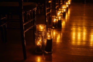 Halloween Wedding Ceremony Decor, Hurricane Candle Vases with Black Candles | Tampa Bay Wedding Planner UNIQUE Weddings and Events