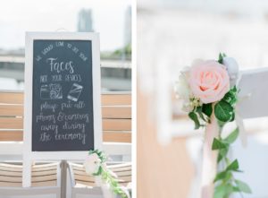COVID Tampa Wedding at Yacht Starship Venue | Unplugged Wedding Ceremony Chalkboard Sign | Wedding Aisle Chair Flowers Blush Pink and White Roses and Greenery