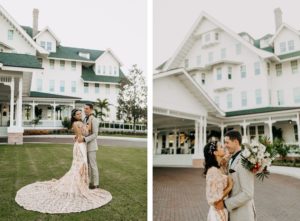 Outdoor Bride and Groom Wedding Portrait at Historic Clearwater Venue Belleview Inn | Boho Gold Bronze Embroidered Overlay Wedding Dress Bridal Gown with Illusion Sleeves and Train | Groom in Grey Khaki Linen Suit | Amber McWhorter Photography