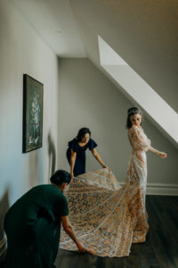 Indoor Bridal Portrait in Boho Wedding Dress | Gold Bronze Embroidered Overlay Wedding Dress Bridal Gown with Illusion Sleeves and Train | Amber McWhorter Photography