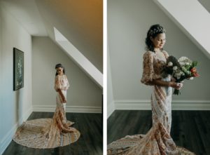 Indoor Bridal Portrait in Boho Wedding Dress | Gold Bronze Embroidered Overlay Wedding Dress Bridal Gown with Illusion Sleeves and Train | Tropical Boho Bridal Bouquet | Amber McWhorter Photography