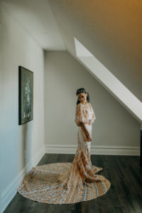 Indoor Bridal Portrait by Window with Natural Light | Boho Gold Bronze Embroidered Overlay Wedding Dress Bridal Gown with Illusion Sleeves and Train