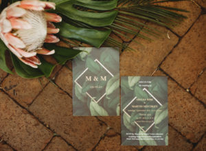 Modern Tropical Garden Inspired Florida Wedding Invitation, Green Leafs with Geometric Accents and Gold Initials