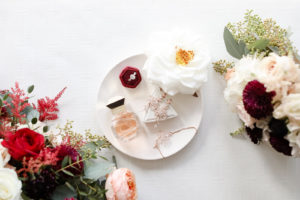 Romantic Boho Inspired Bridal Details, Deep Burgundy Red Hexagon Ring Box, Rose Gold Dangle Earrings, Designer Perfume | Tampa Bay Wedding Photographer Lifelong Photography Studios