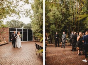 Modern Tropical Inspired Florida Wedding Ceremony in Bamboo Garden, DIY Floral Centerpieces with Bronze Base and Greenery, Bride Walking Down the Aisle with Father and Groom Waiting at Alter | Downtown St. Pete Historic Wedding Venue NOVA 535 - Courtyard