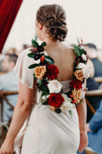 Bridesmaid Bouquet Alternative Unique | Back Cowell Shawl Floral Wrap with Red White and Cafe au Lait Roses and Greenery