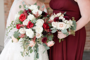 Romantic Bridal and Bridesmaids Bouquets, With Burgundy Florals, Red Roses, White, Ivory and Light Pink Flowers, Greenery | Florida Wedding Photographer Lifelong Photography Studio | Tampa Heights Day of Coordinator Special Moments Event Planning