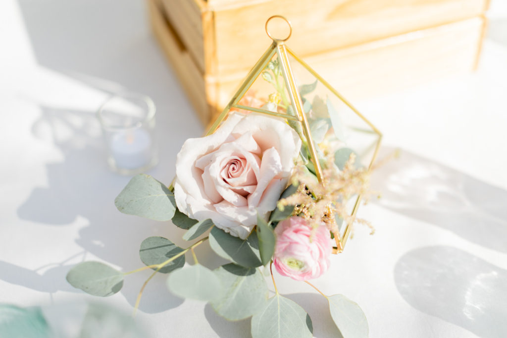 Boho Beach Wedding Centerpiece Inspiration | Blush Pink Rose and Ranunculus with Eucalyptus Greenery in Gold Geometric Glass Terrarium