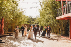 Modern Tropical Inspired Florida Wedding Party in Bamboo Garden, Bridesmaids in Mixed Style Dresses | Unique Tampa Bay Wedding Venue NOVA 535 in Downtown St. Pete - Courtyard