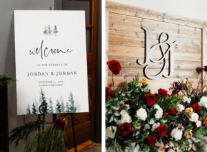 Tampa Christmas Wedding Welcome Sign | Wedding Mantle Monogram with Floral Arrangement of Red White and Gold Cafe au Lait Roses and Winter Greenery and Berries