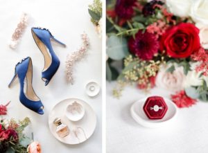 Romantic Boho Inspired Bridal Details, Deep Burgundy Red Hexagon Ring Box with Oval Solitare Engagement Ring, Rose Gold Dangle Earrings, Designer Perfume, Blue Badgley Mischka Open Toe Shoes, Pink Crystal Garder | Tampa Bay Wedding Photographer Lifelong Photography Studios