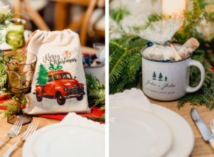 Tampa Christmas Wedding Favors in Canvas Bags with Red Vintage Christmas Tree Truck | Custom Camp Mug Wedding Favor with Hot Cocoa Chocolate