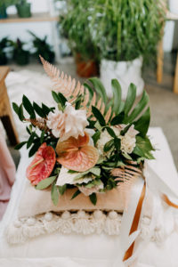 Boho Styled Shoot Decor | Bohemian Tropical Floral Bouquet, Palm Tree Leaves, Pink Anthurium, Ivory Roses, Greenery Bouquet | Tampa Wedding Photographer Amber McWhorter Photography