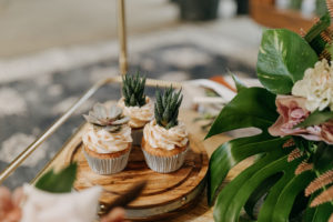 Boho Neutral Wedding Styled Shoot | Three Cupcakes with Succulent Plant Toppers Monstera Palm Leaf | Wedding Planner Elope Tampa Bay | Amber McWhorter Photography