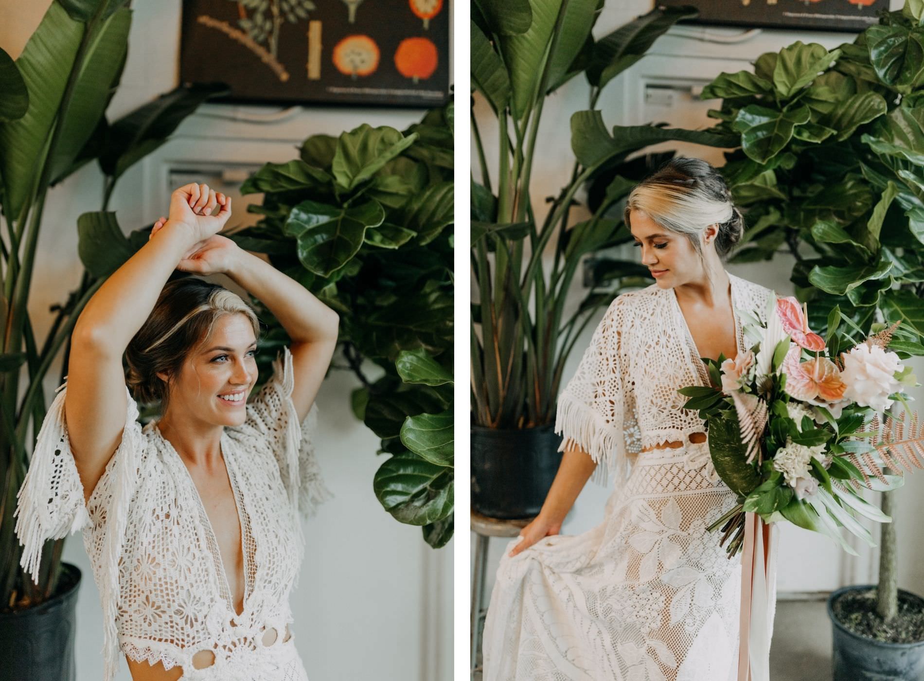 Boho Neutral Styled Shoot | Bride in Bohemian Delicate Floral Lace and Illusion, Fringe Short Sleeve and Plunging V Neckline with Cutouts on Waist Wedding Dress, Bride holding Floral Bouquet with White Feathers, Pink Anthurium, Palm Tree Leaves | Wedding Planner Elope Tampa Bay | Amber McWhorter Photography | St. Pete Wedding Venue Wild Roots